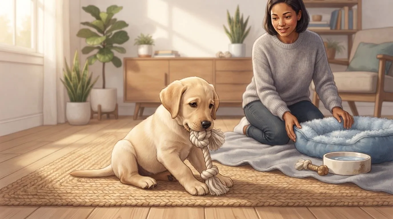 Un chiot mâchouille un jouet pendant qu'une personne prépare son coin de repos.