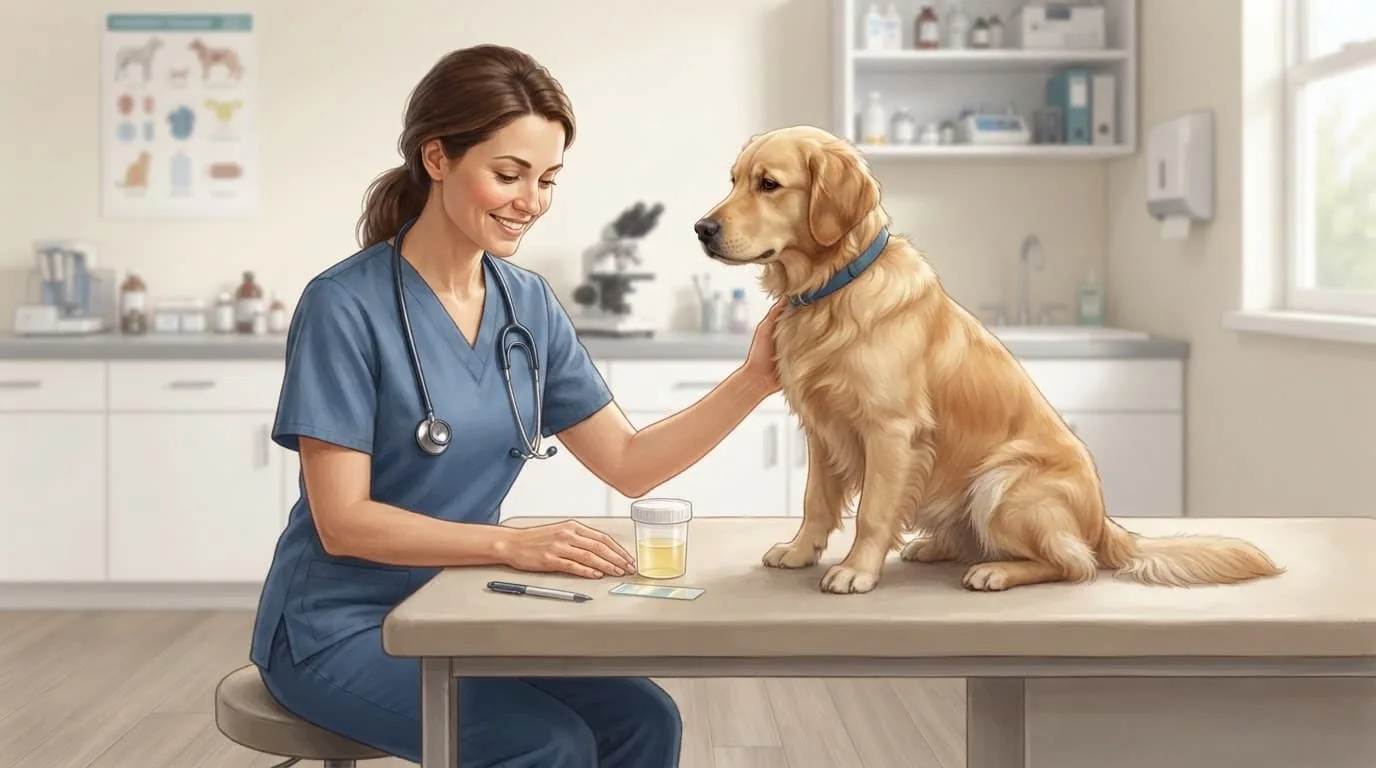 Une vétérinaire observe un échantillon d'urine posé sur une table, près d'un chien calme.