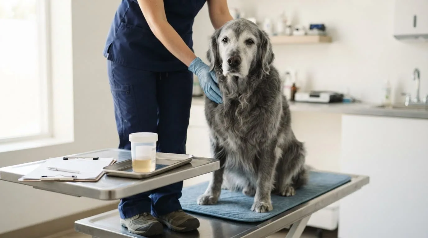 Un chien âgé assis dans une salle vétérinaire, près d'un récipient d'eau et d'une planchette.