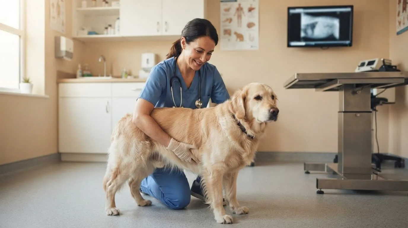 Un professionnel examine doucement un chien debout dans une clinique lumineuse.