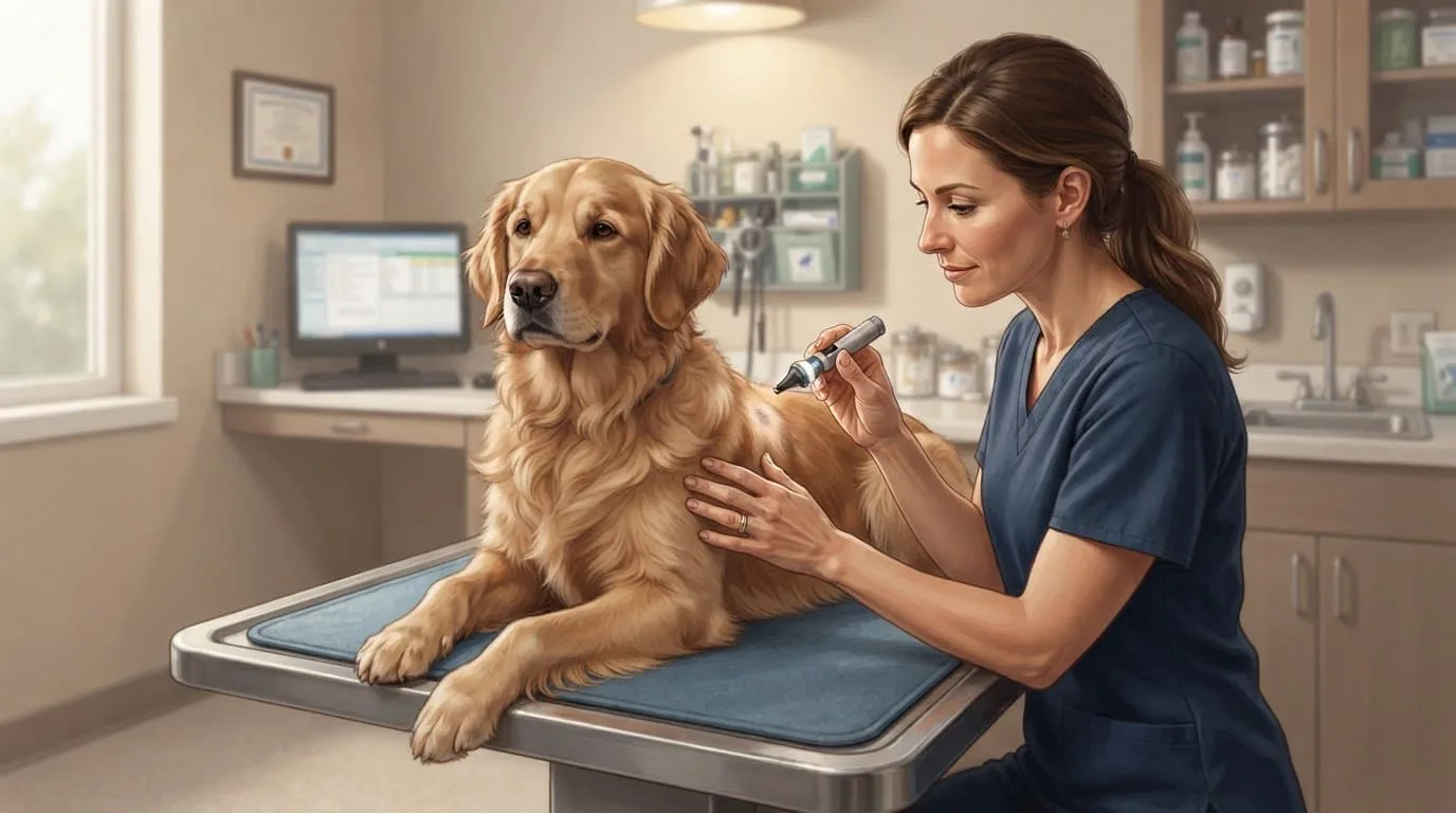 Un chien calme est examin&eacute; par une v&eacute;t&eacute;rinaire avec une petite lampe.