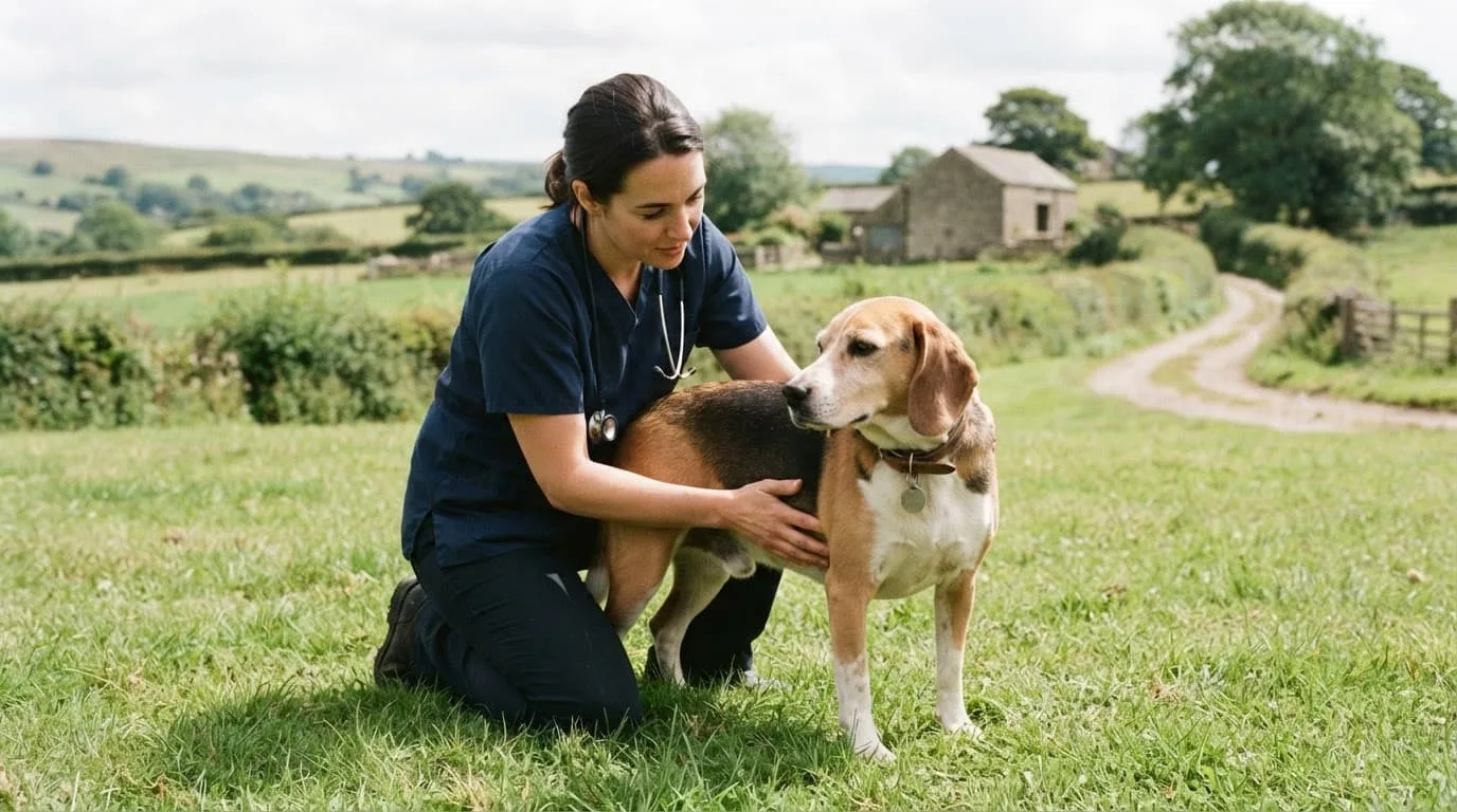 Un v&eacute;t&eacute;rinaire examine doucement un chien sur une pelouse rurale.