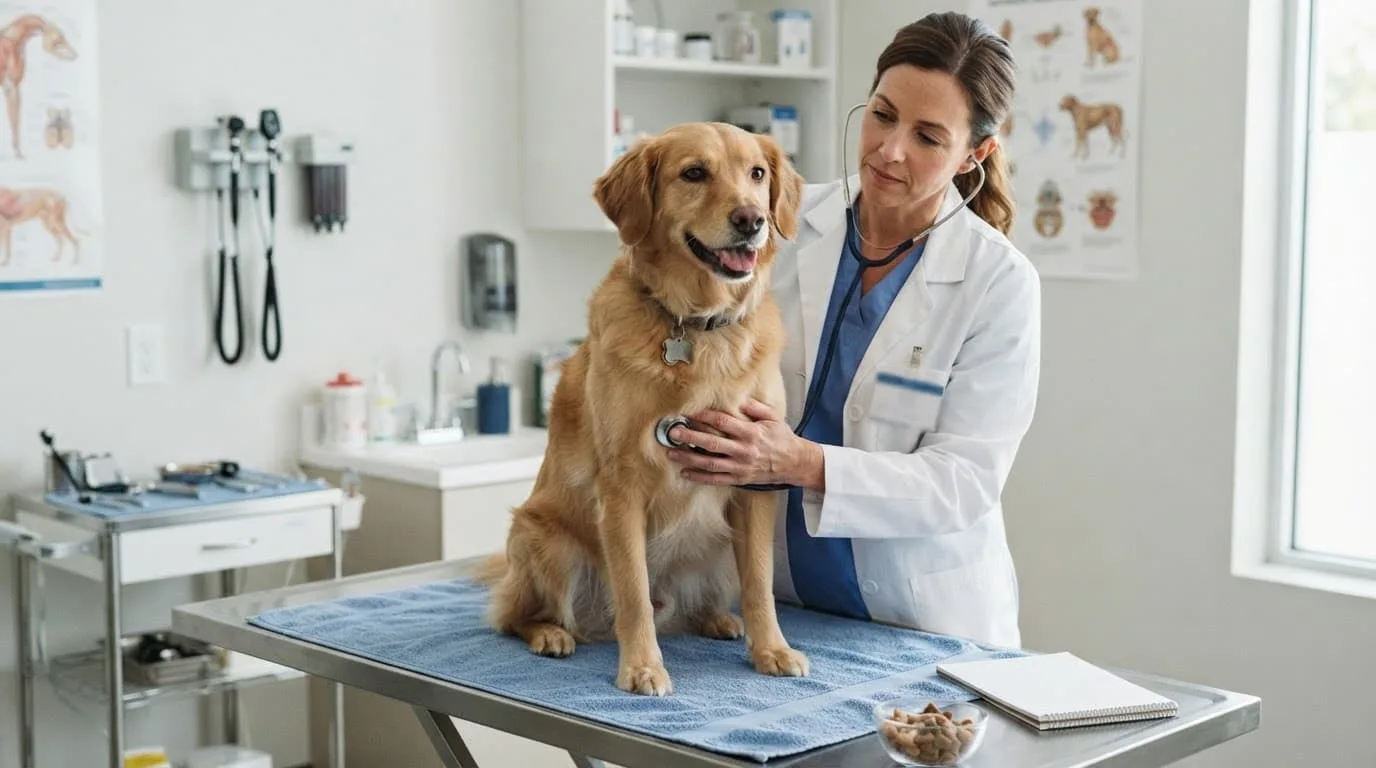 Un vétérinaire examine un chien calme avec un stéthoscope dans une salle lumineuse.