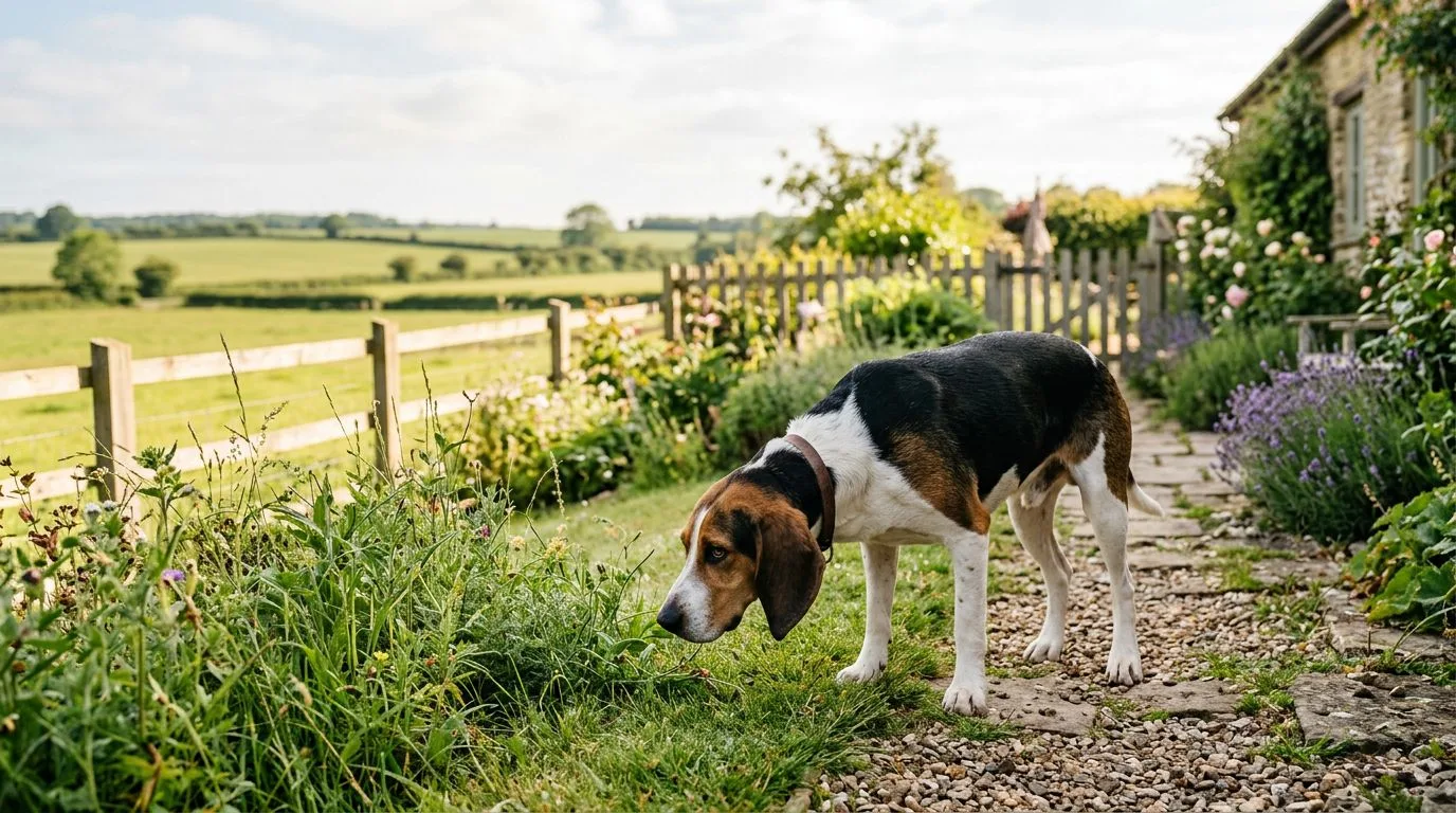 Un Chien d’Artois tricolore renifle une piste dans un jardin clôturé et ensoleillé.