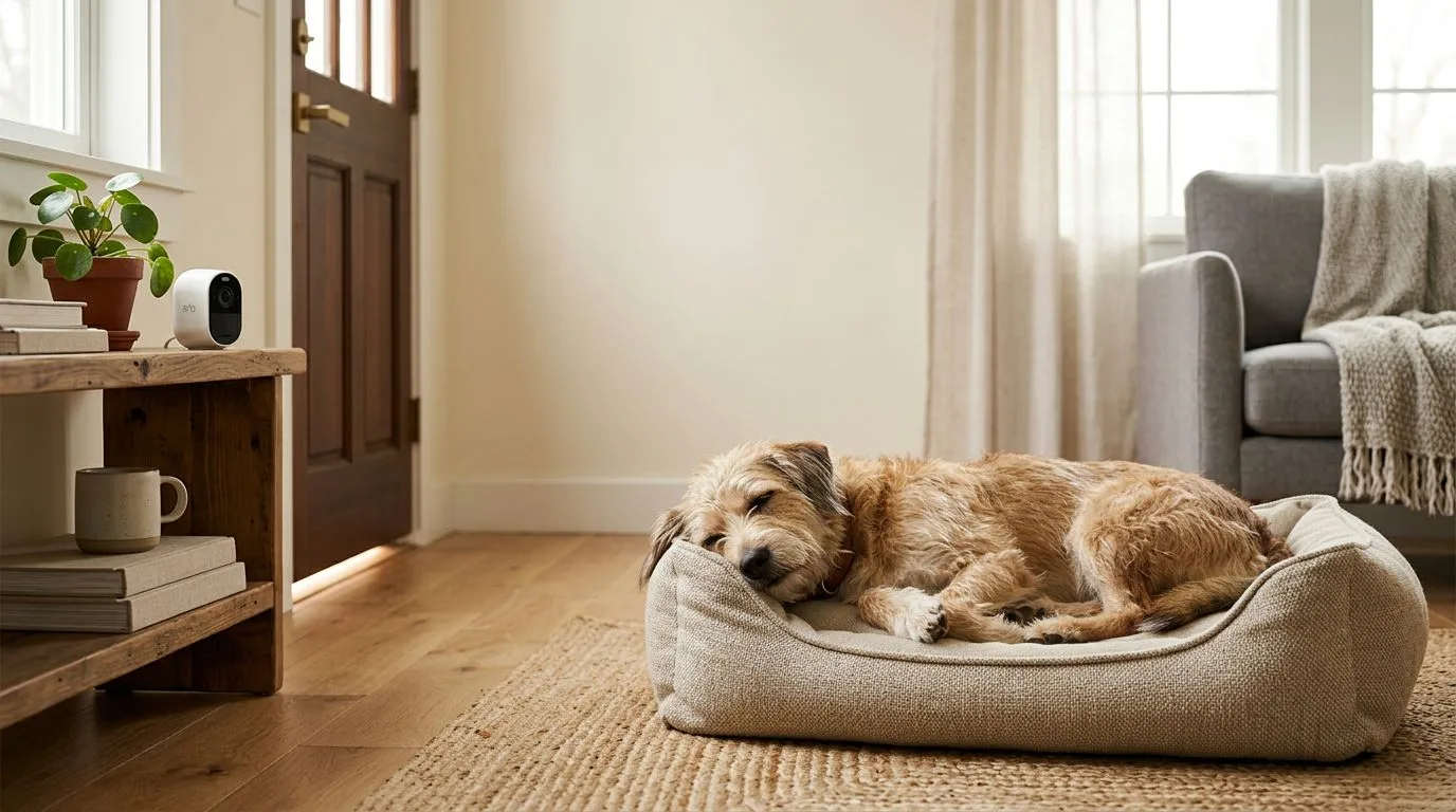 Un chien repose calmement sur son coussin près d’une porte entrouverte.