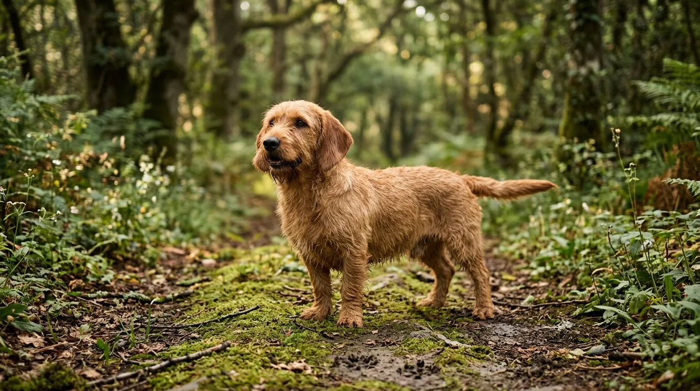 Un Basset Fauve de Bretagne attentif sur un sentier forestier moussu.