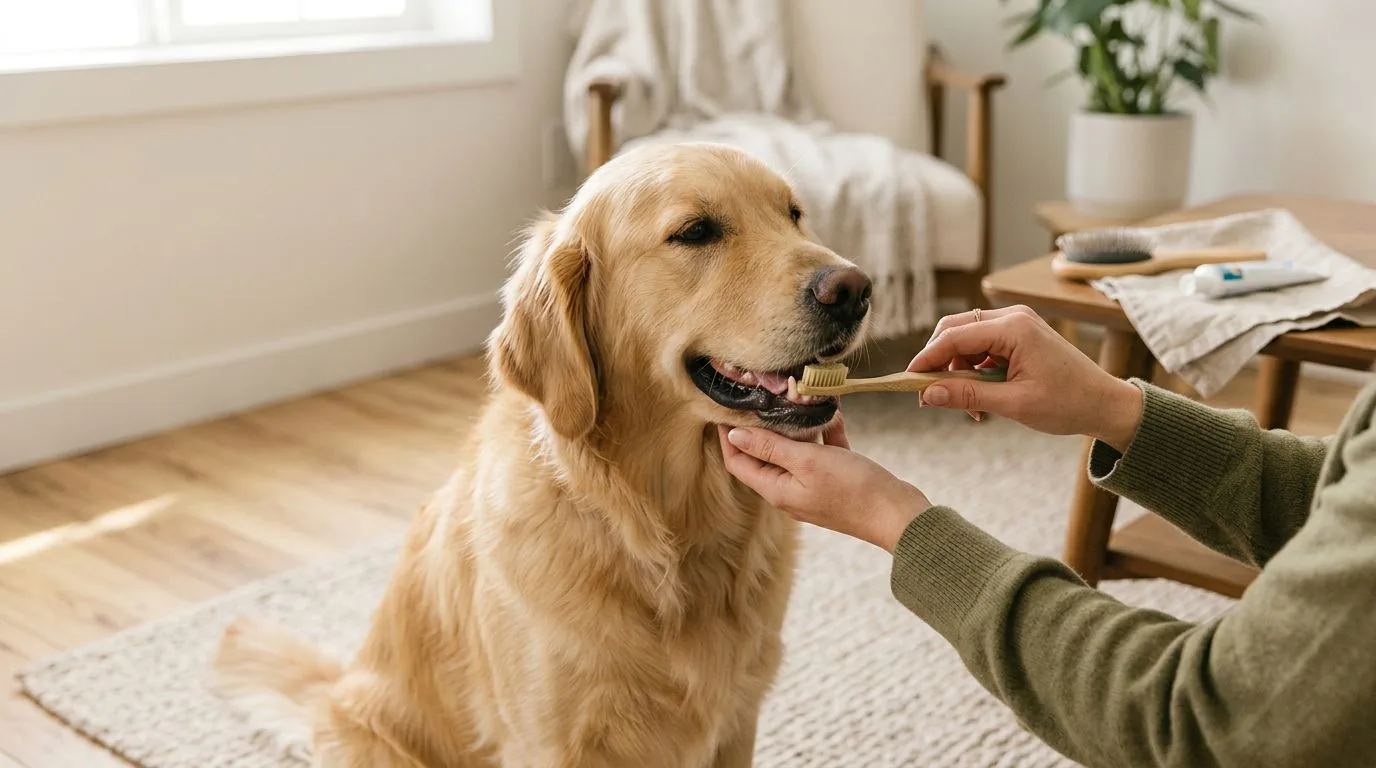Un golden retriever reçoit doucement une brosse à dents près de ses dents.