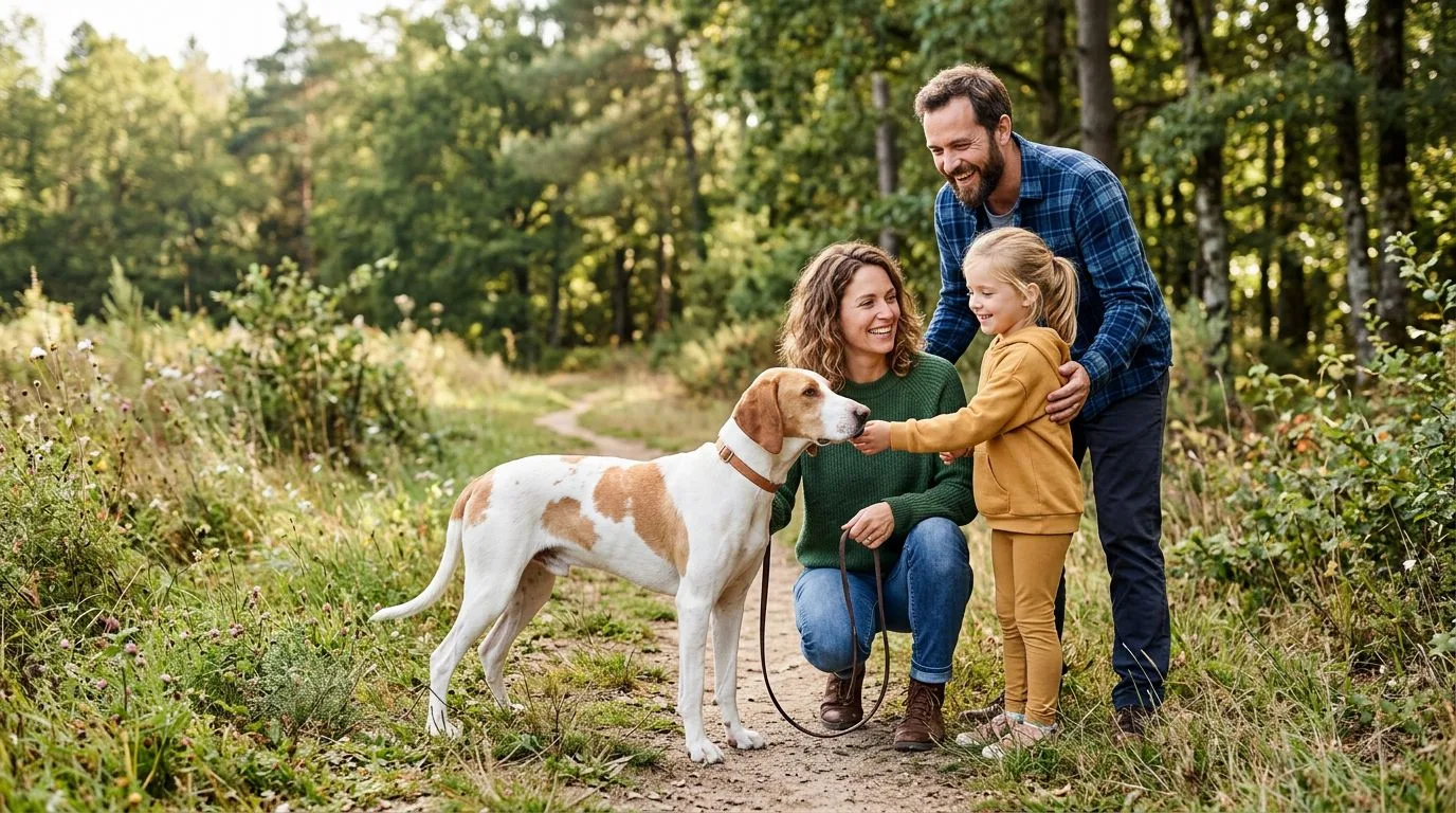 Un chien Porcelaine accompagne une famille sur un sentier ensoleillé.