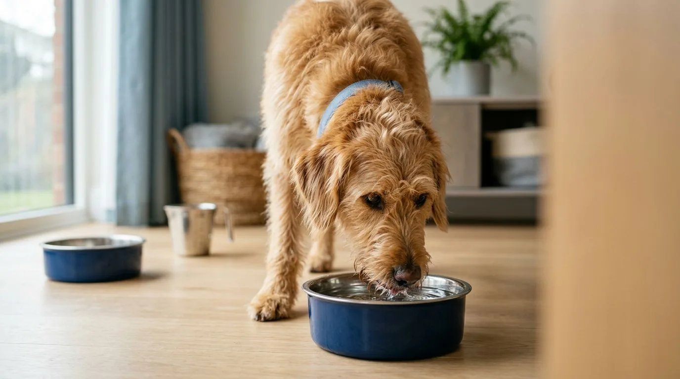 Un chien boit dans une gamelle bleue, avec une autre gamelle et un verre doseur en arrière-plan.