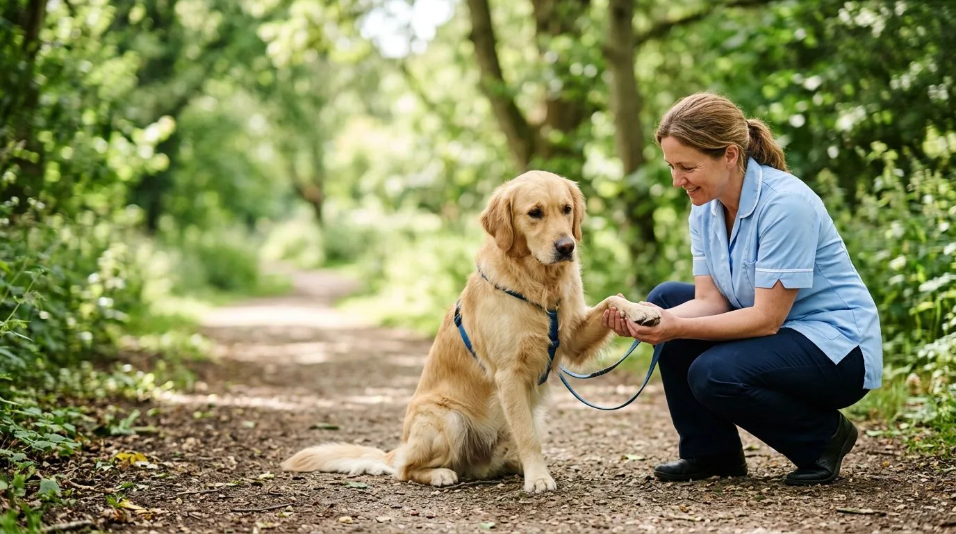Un chien lève une patte pendant qu’une vétérinaire examine ses coussinets.