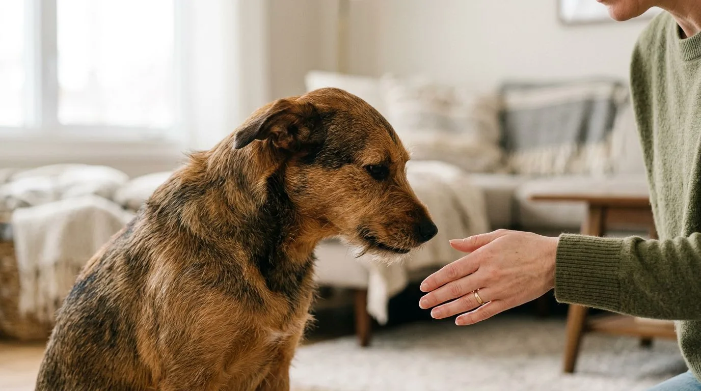 Un chien détourne la tête tandis qu’une main respecte son espace.