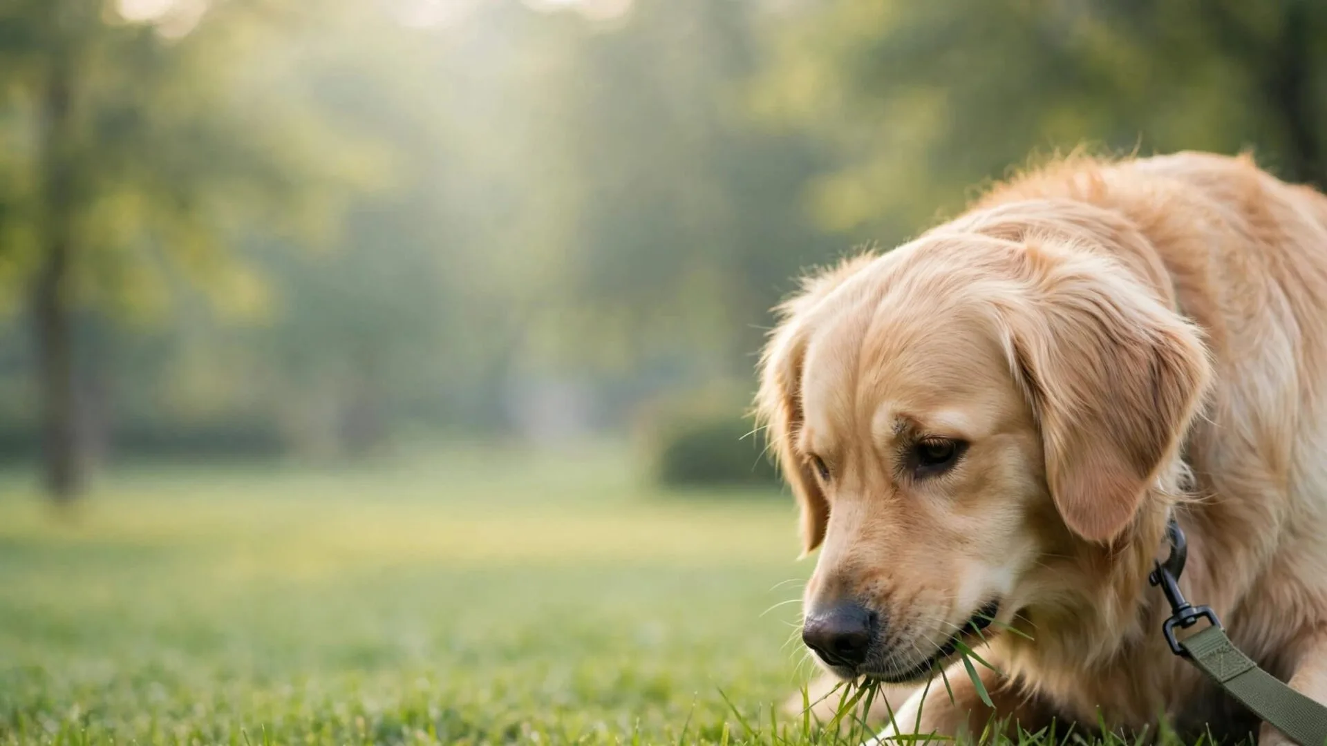 Un golden retriever broute paisiblement l’herbe fraîche dans un parc.