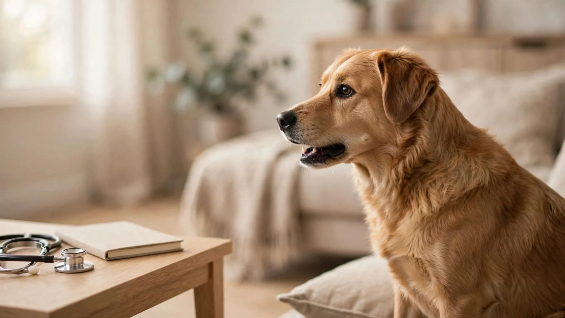 Un chien tousse dans un intérieur chaleureux, près d’un stéthoscope et d’un carnet.