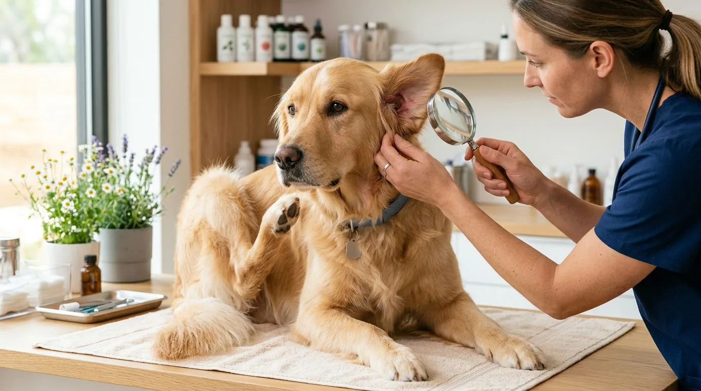 Un golden retriever se gratte l’oreille pendant qu’un vétérinaire examine son pelage.
