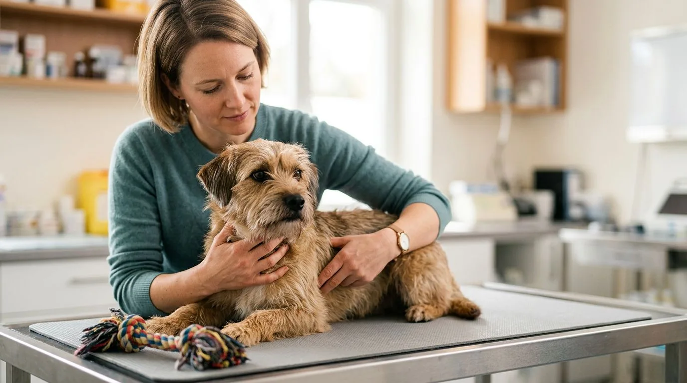 Une propriétaire vérifie la respiration d’un chien inquiet dans une clinique vétérinaire.