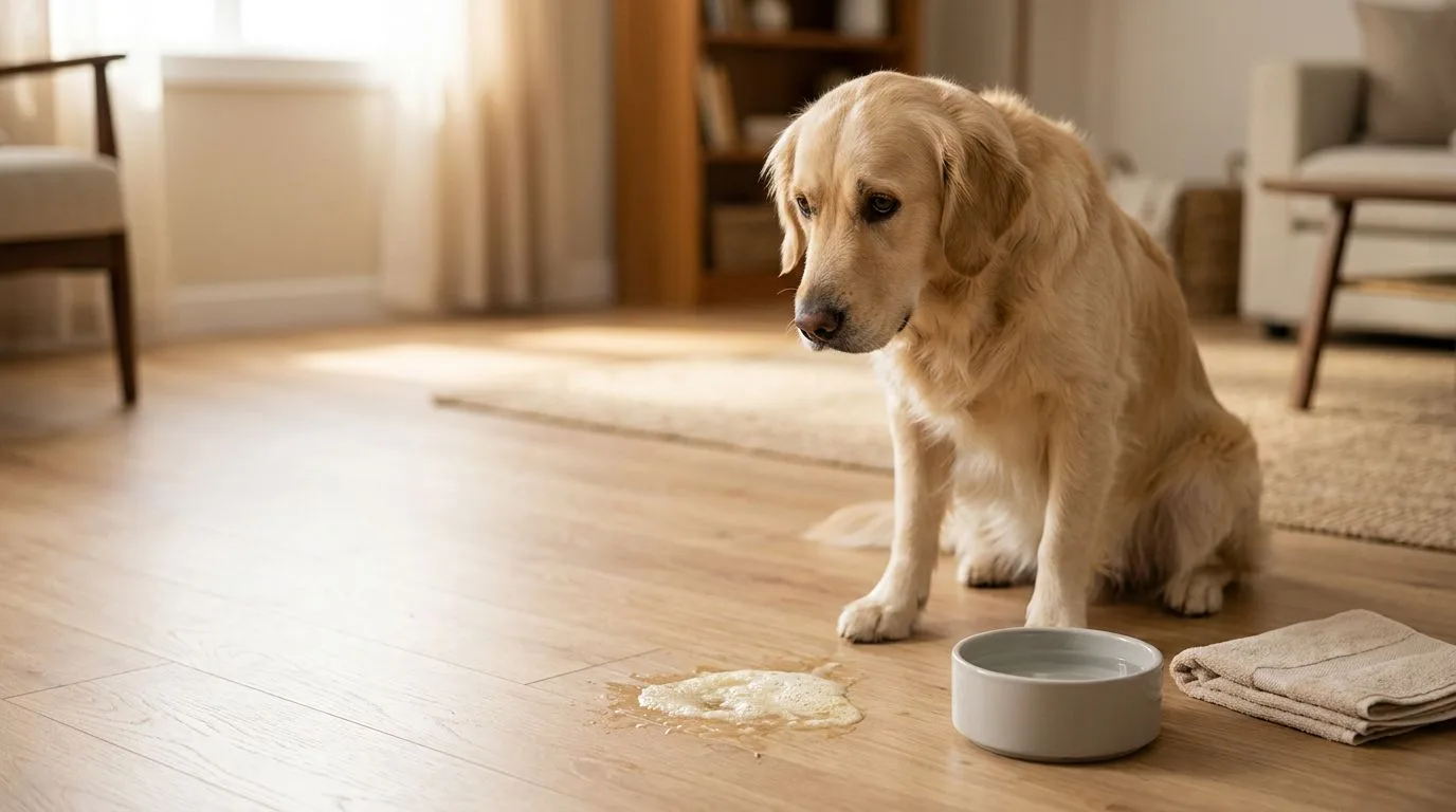Un golden retriever est assis près de vomissures jaunes.