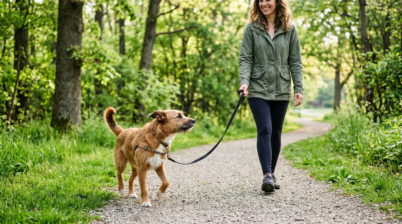 Un chien adulte marche avec son propriétaire sur un sentier bordé d’arbres.