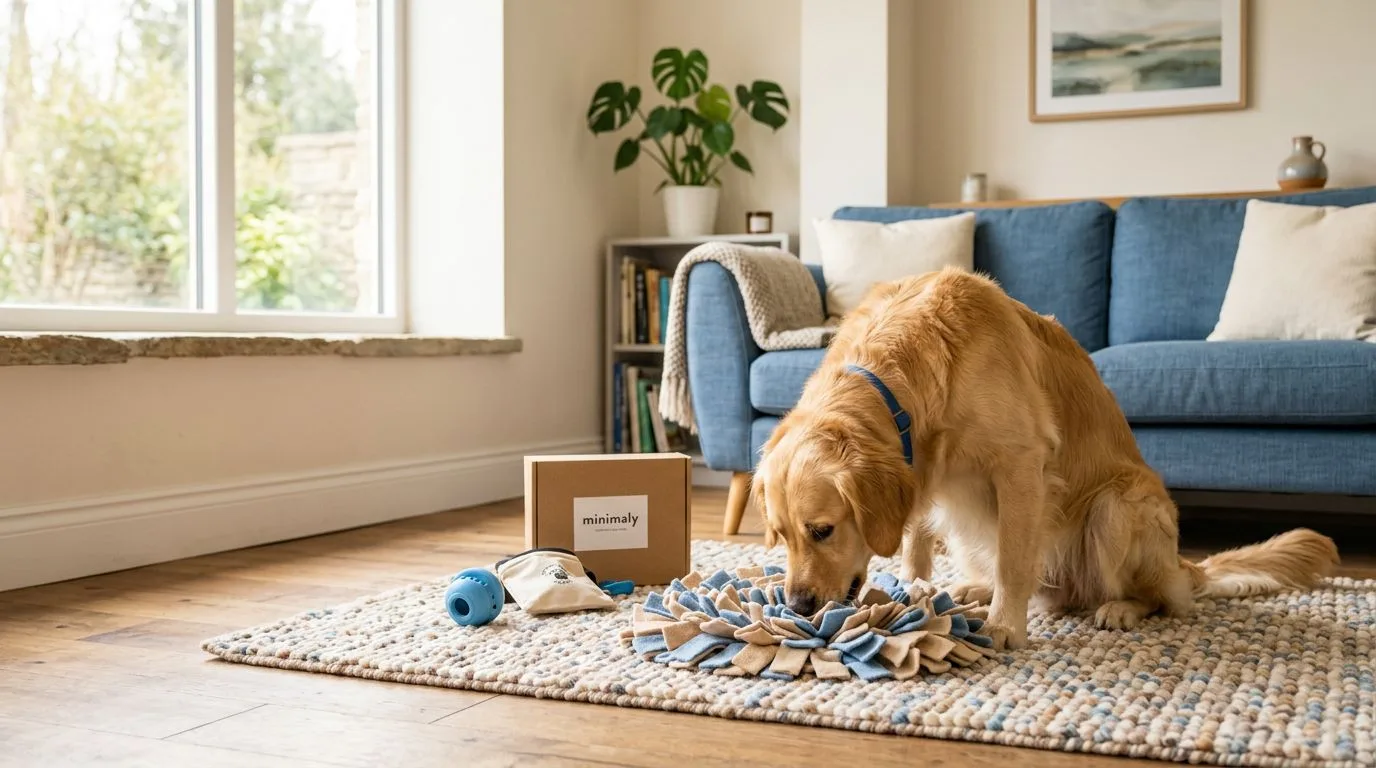 Un golden retriever cherche des friandises dans un tapis de fouille, près de jouets et de boîtes.