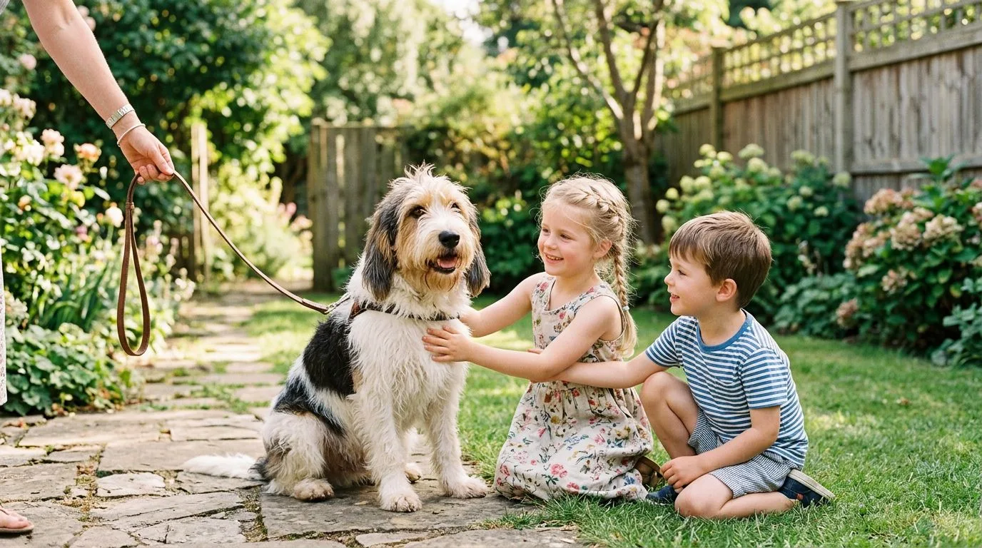Deux enfants caressent un Grand Griffon Vendéen dans un jardin clôturé.