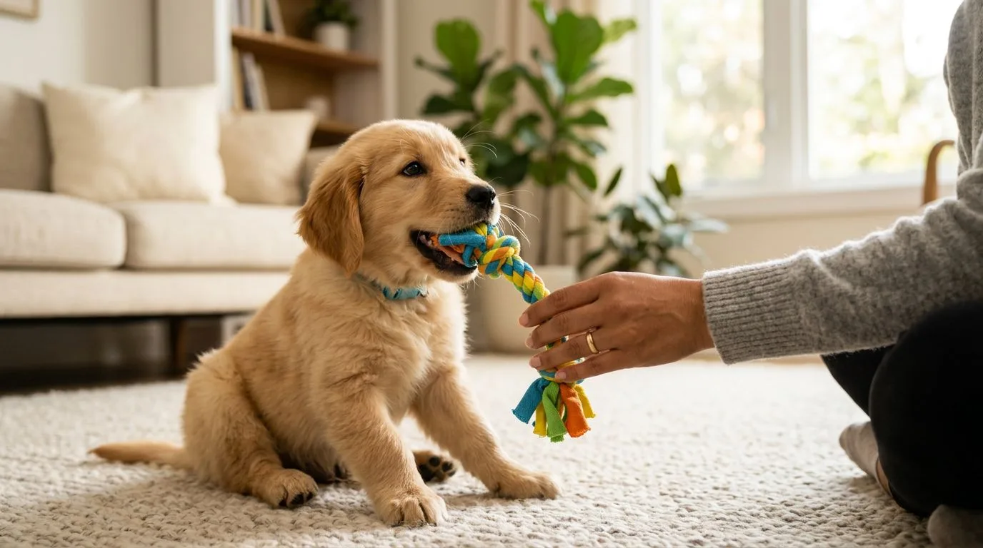 Un chiot mordille un jouet coloré à côté de la main d’un adulte.