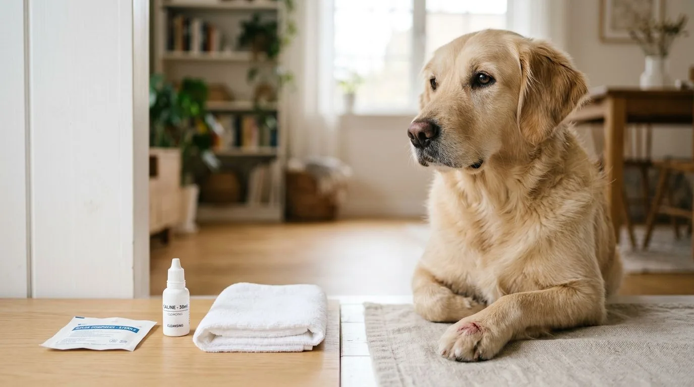Chien calme avec une petite éraflure à la patte et du matériel de soins