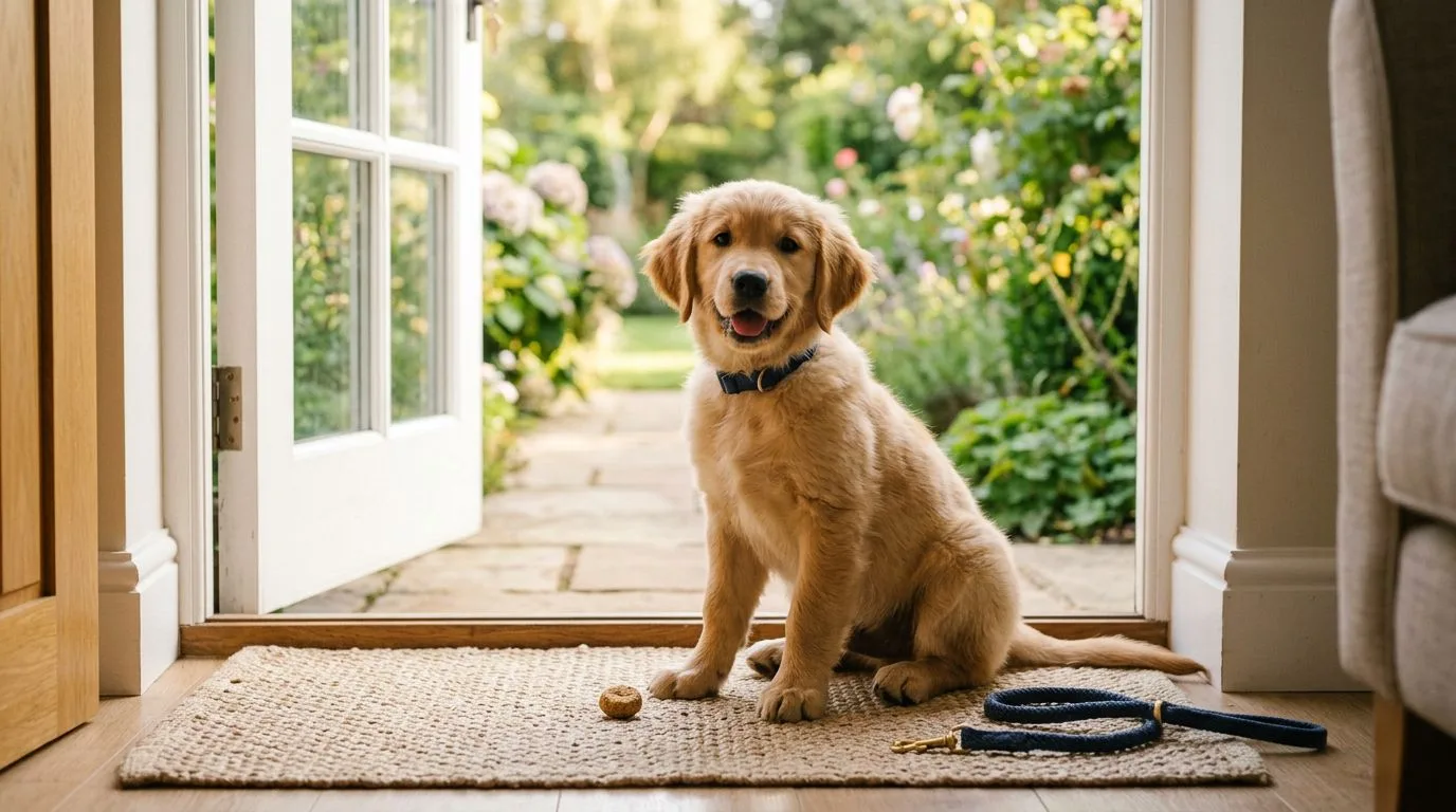 Un chiot assis près d’une porte ouverte, avec une friandise et un jardin propre.