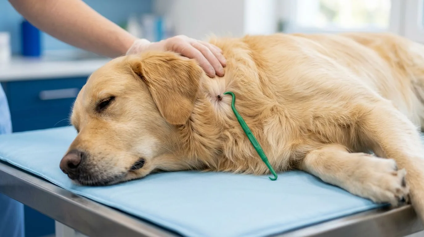 Un golden retriever sur une table vétérinaire, avec une tique et un tire-tique près de sa peau.