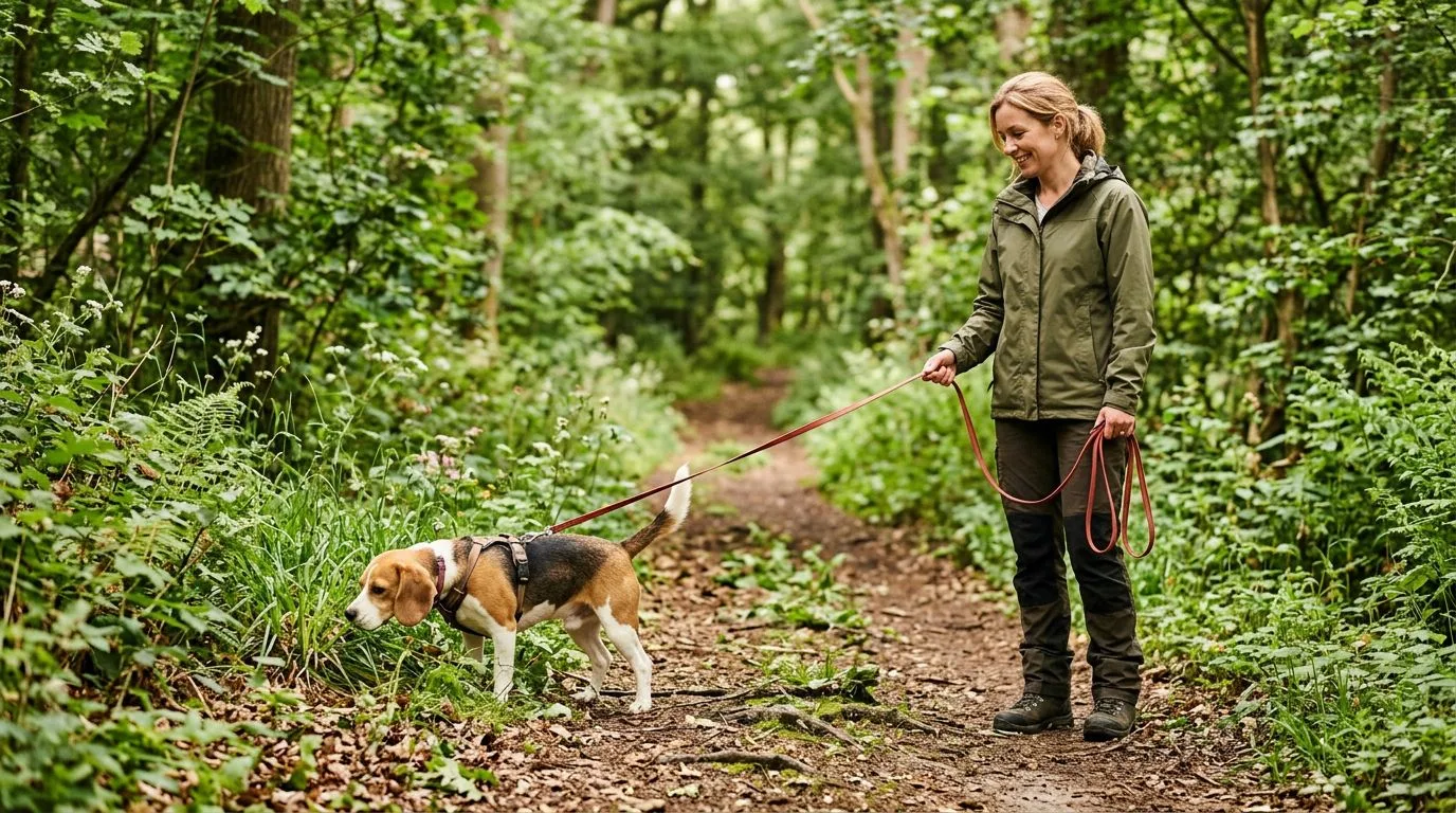 Un beagle explore un chemin forestier tandis que son propriétaire tient la longe.