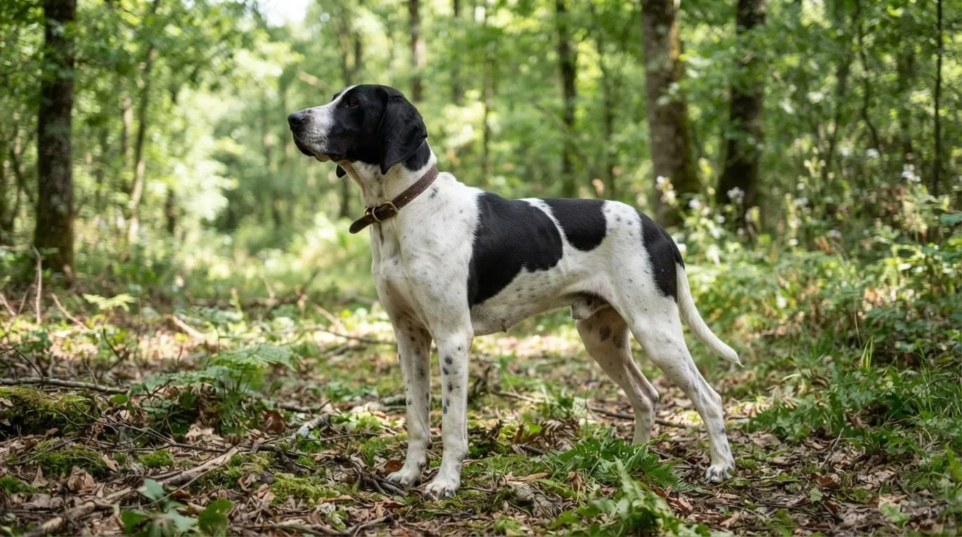 Un Français blanc et noir se tient dans une clairière forestière ensoleillée.