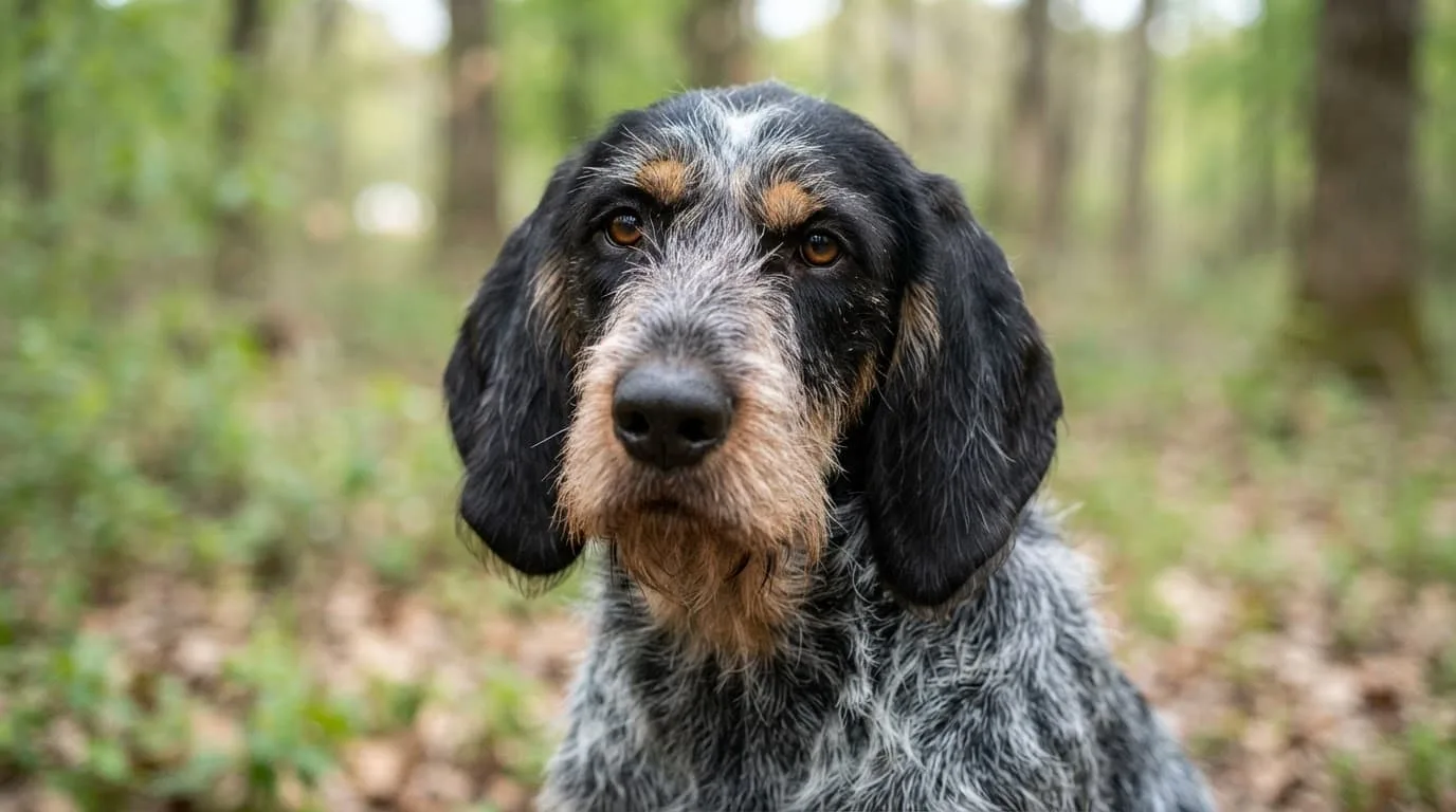 Un Griffon Bleu de Gascogne montre son poil h&eacute;riss&eacute;, ses oreilles tombantes et son regard profond.