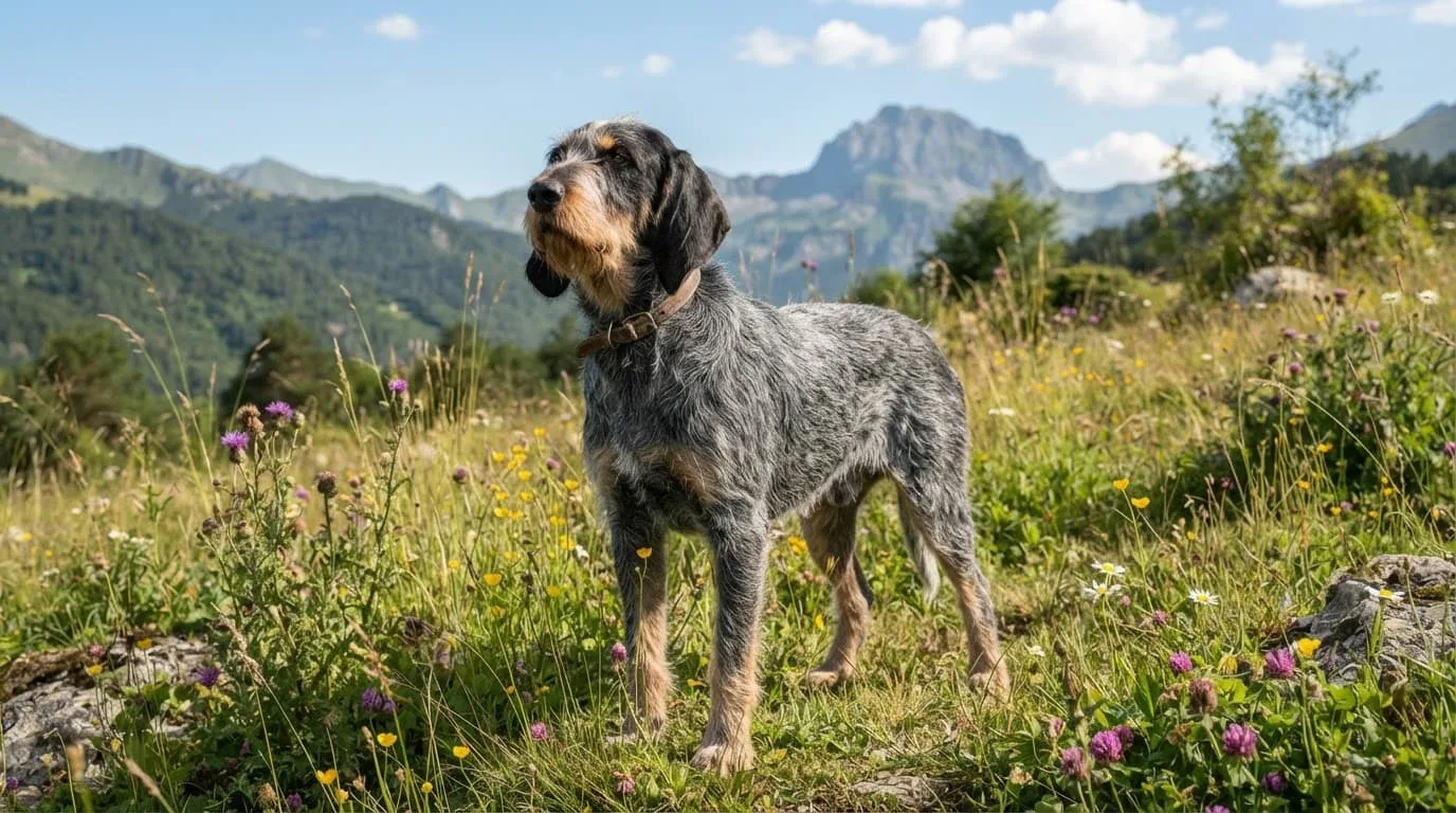 Un Griffon Bleu de Gascogne debout dans une prairie pyr&eacute;n&eacute;enne ensoleill&eacute;e.