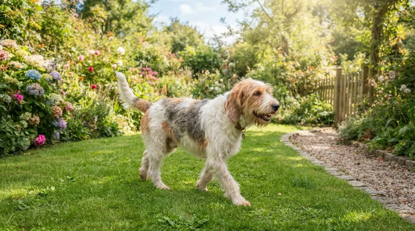 Un grand chien hirsute marche joyeusement sur une pelouse verte, sous le soleil.