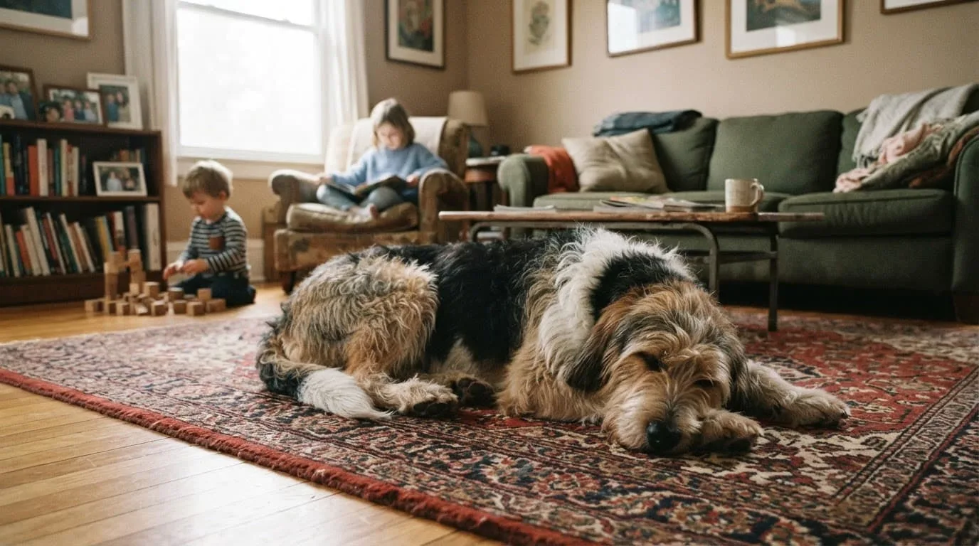 Un grand chien repose sur un tapis, dans un salon lumineux.