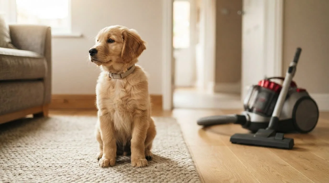 Un chiot détendu observe un aspirateur posé à distance, près d'une porte floue.