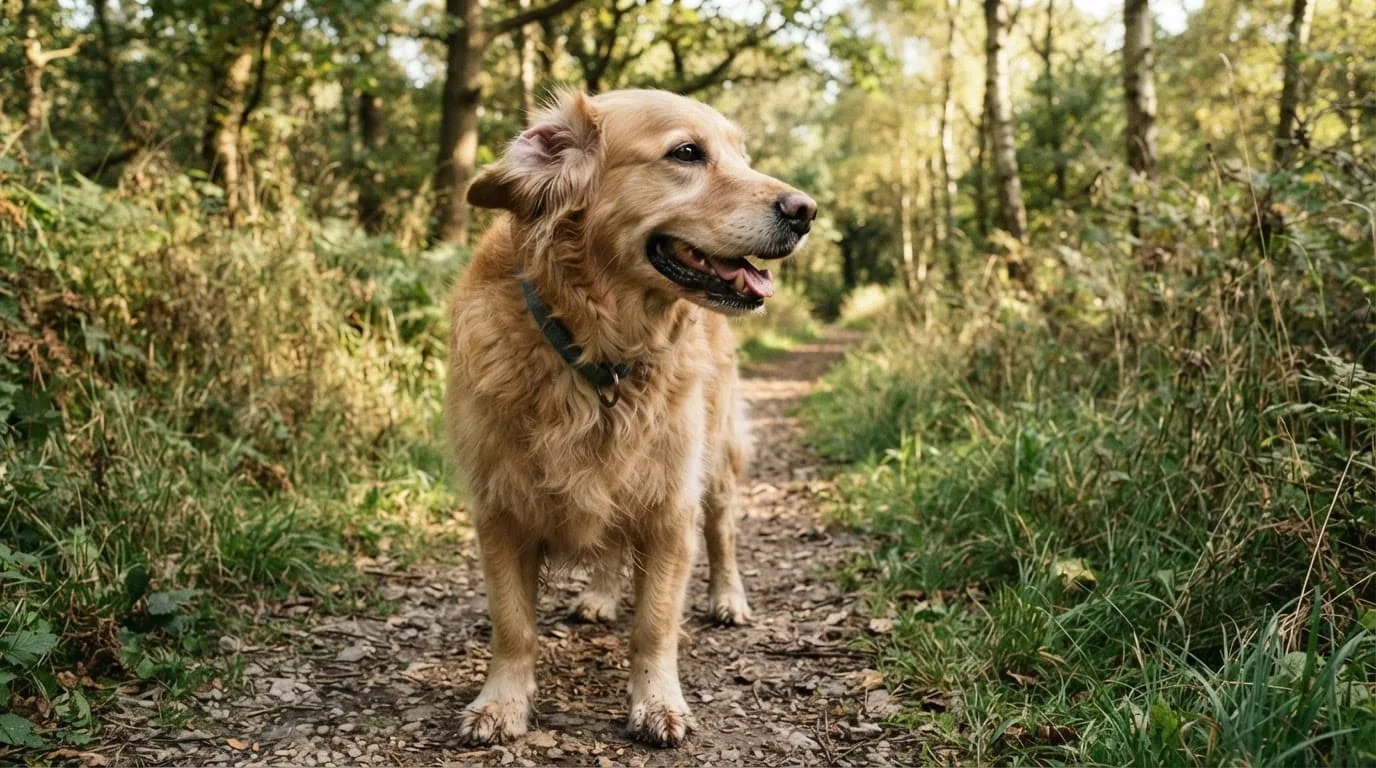 Un chien joyeux est observé sur un sentier forestier, près des herbes hautes.