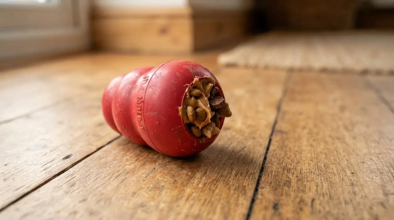 Jouet en caoutchouc rempli de friandises sur un parquet en bois.