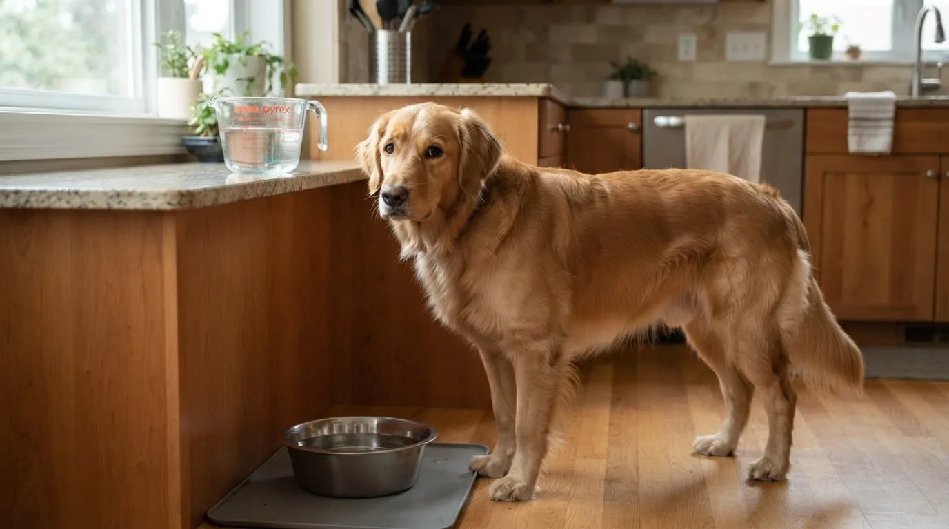 Un chien attentif se tient près de sa gamelle d'eau, avec un broc gradué visible sur le comptoir.