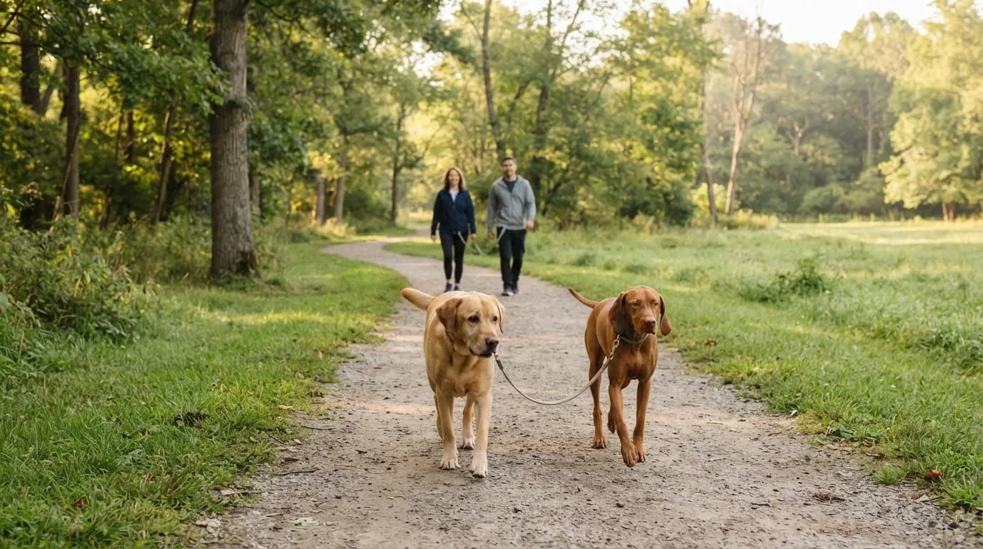 Deux chiens avancent côte à côte sur un chemin de parc, avec deux personnes au loin.