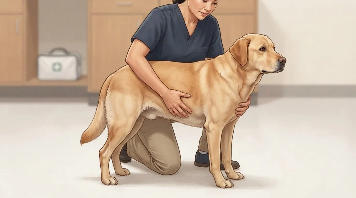 Une personne montre la position des mains sous les côtes d’un chien.