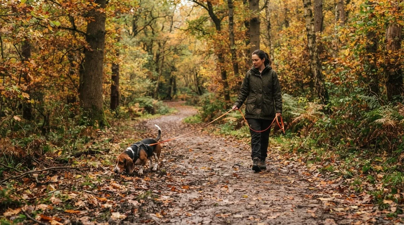 Un propriétaire promène un chien courant sur un sentier forestier.