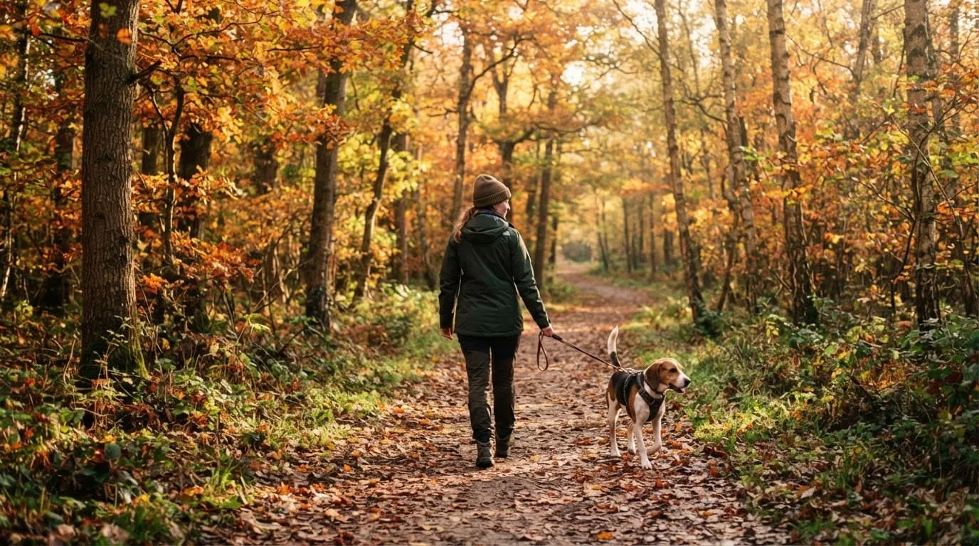 Une personne prom&egrave;ne un chien courant tricolore sur un sentier forestier bord&eacute; de feuilles d'automne.
