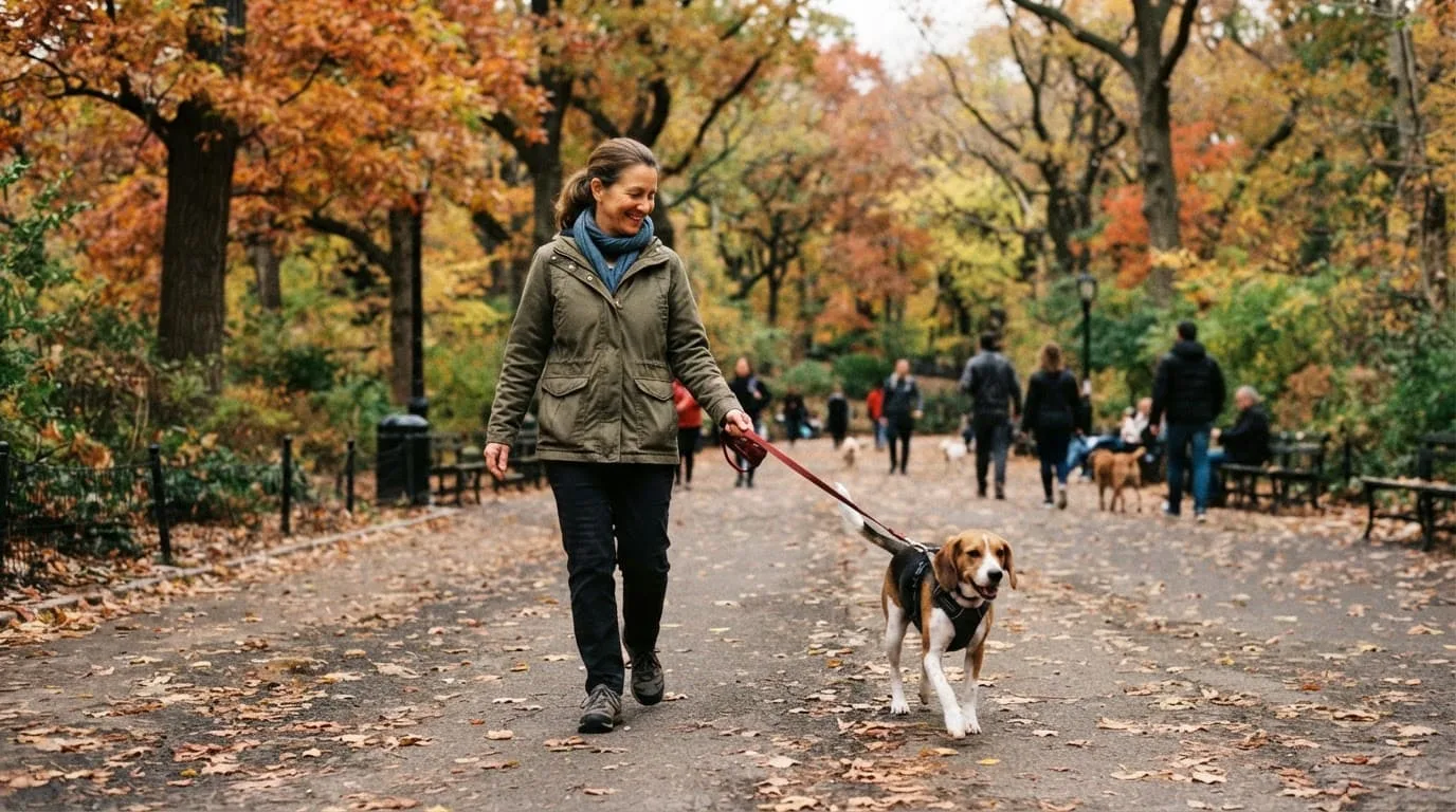 Une personne promène un chien en laisse dans un parc urbain verdoyant.