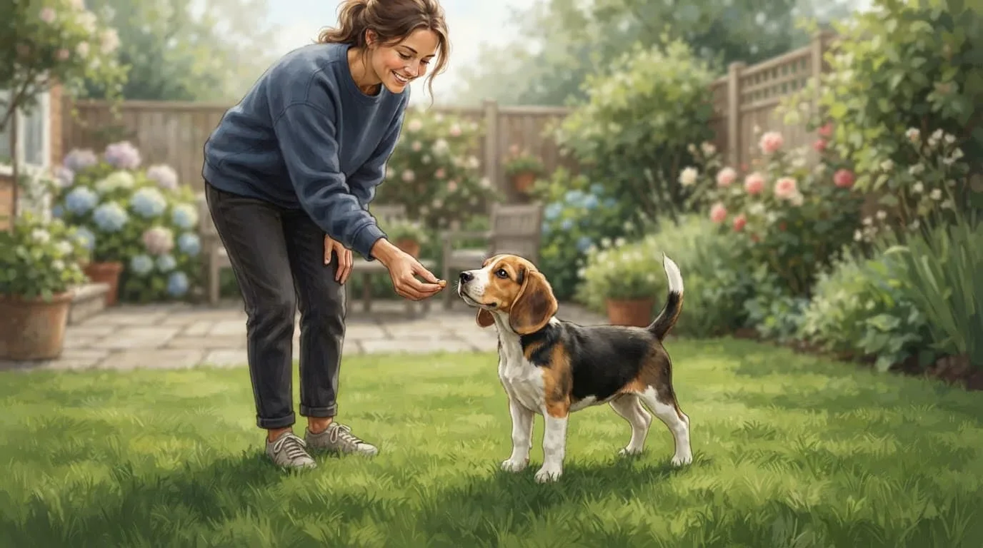 Un chiot beagle reçoit une friandise de sa propriétaire dans un jardin ensoleillé.