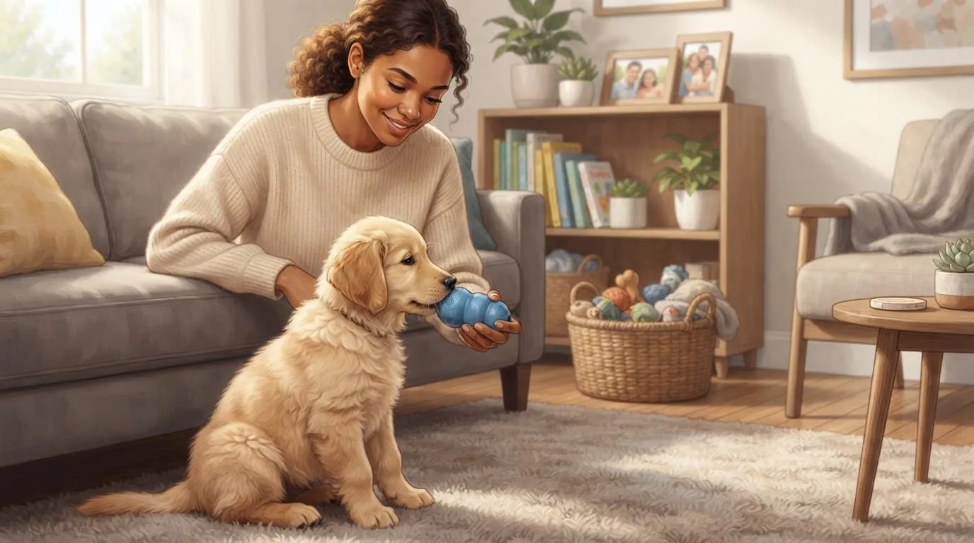 Un chiot assis regarde un jouet à mâcher près d'une personne.