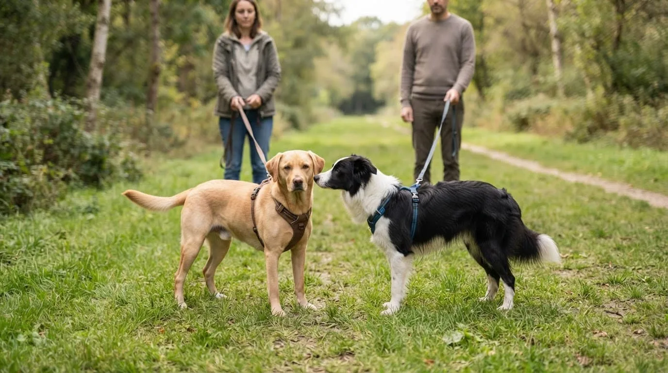 Deux chiens se reniflent calmement sur un sentier herbeux, avec leurs maîtres en arrière-plan.