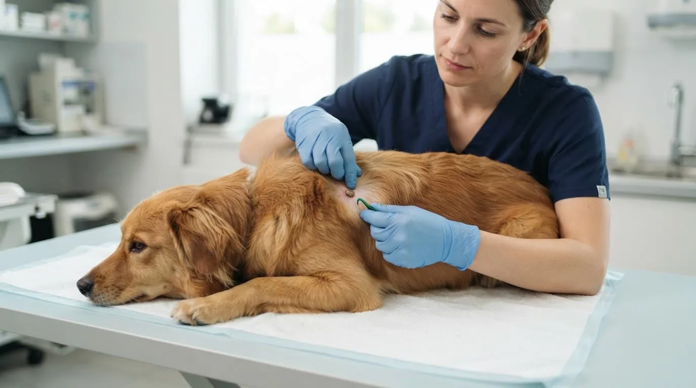 Un chien calme sur une table vétérinaire, avec une main gantée et un crochet près de son épaule.