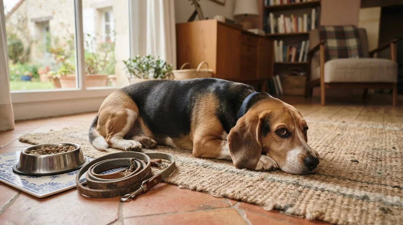 Un chien Bagle couché sur un tapis, près de sa gamelle et de sa laisse.