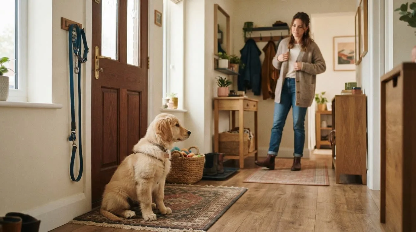 Un chiot golden retriever assis près d'une porte, avec sa propriétaire au loin.