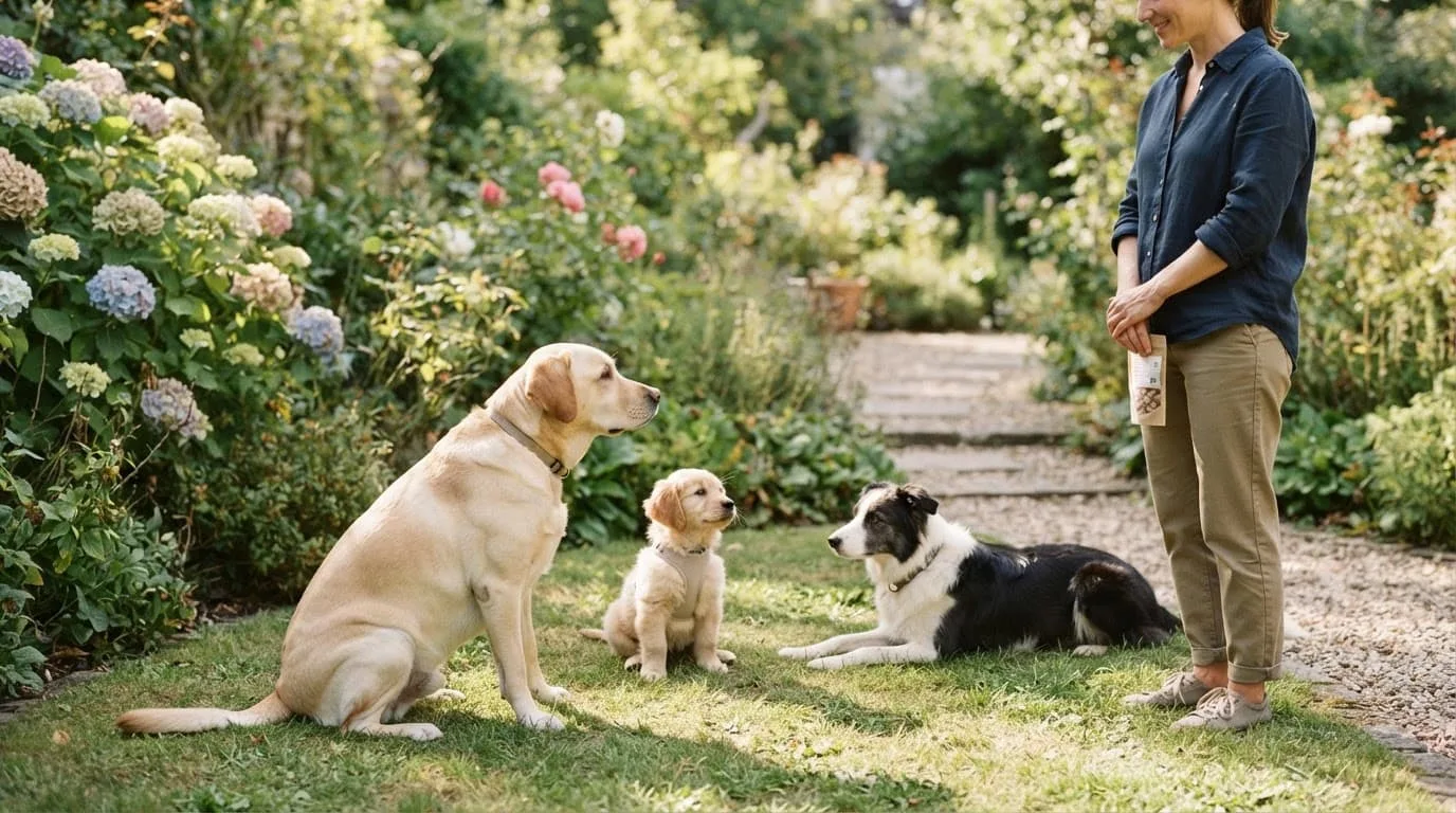 Deux chiens et un chiot se rencontrent calmement dans un jardin sous la surveillance d'un propriétaire.