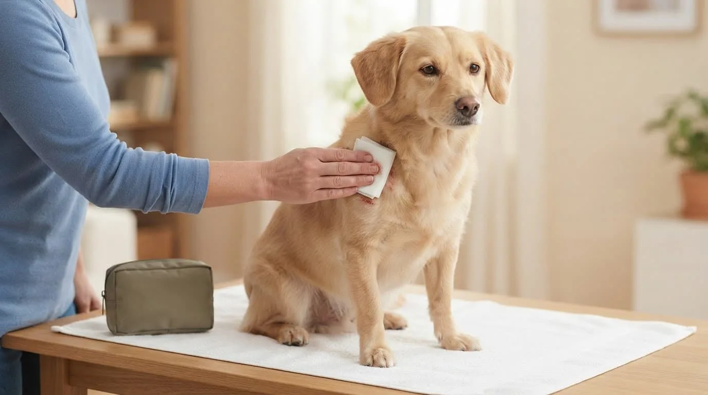 Un chien calme reçoit des soins doux pour une petite éraflure à l'épaule.